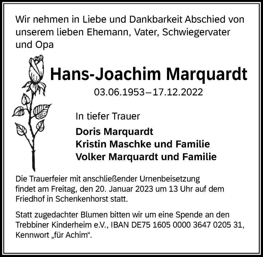  Traueranzeige für Hans-Joachim Marquardt vom 07.01.2023 aus Märkischen Allgemeine Zeitung
