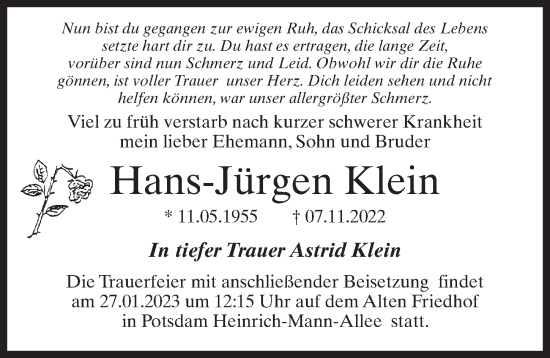 Traueranzeige von Hans-Jürgen Klein von Märkischen Allgemeine Zeitung