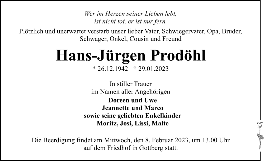  Traueranzeige für Hans-Jürgen Prodöhl vom 31.01.2023 aus Märkischen Allgemeine Zeitung