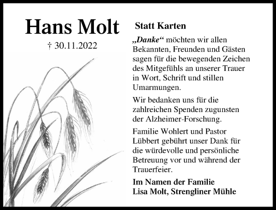 Traueranzeige von Hans Molt von Lübecker Nachrichten