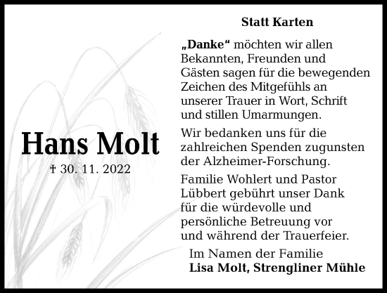 Traueranzeige von Hans Molt von Kieler Nachrichten