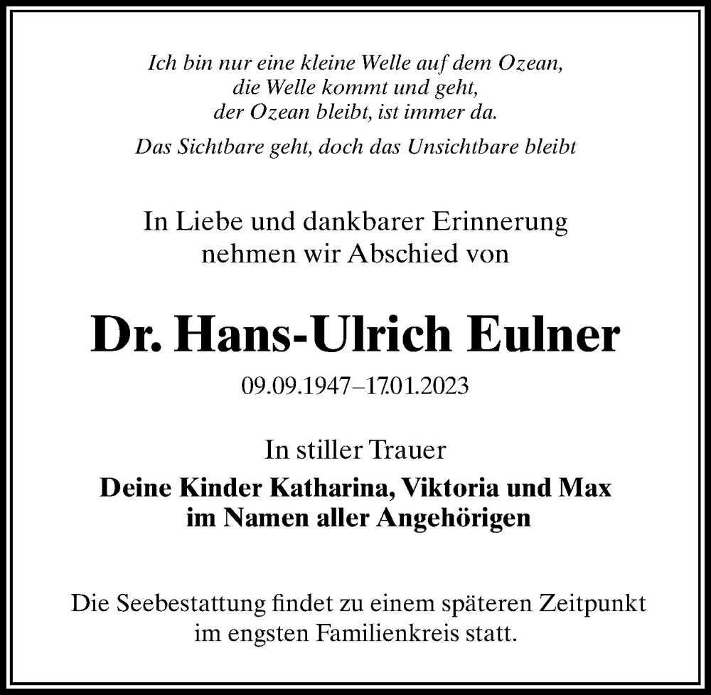  Traueranzeige für Hans-Ulrich Eulner vom 21.01.2023 aus Göttinger Tageblatt