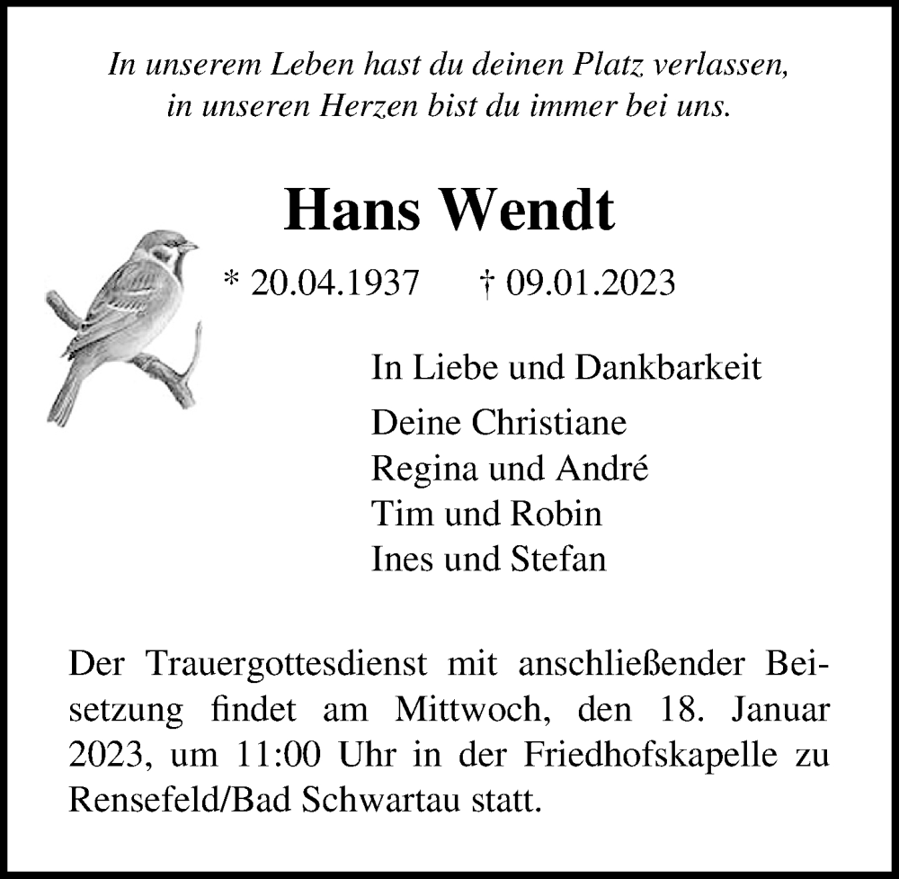  Traueranzeige für Hans Wendt vom 15.01.2023 aus Lübecker Nachrichten