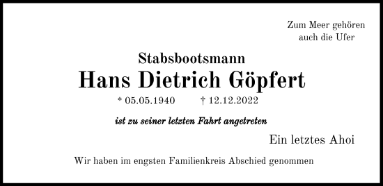 Traueranzeige von Hans Dietrich Göpfert von Kieler Nachrichten