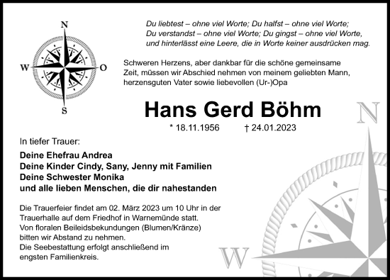 Traueranzeige von Hans Gerd Böhm von Ostsee-Zeitung GmbH