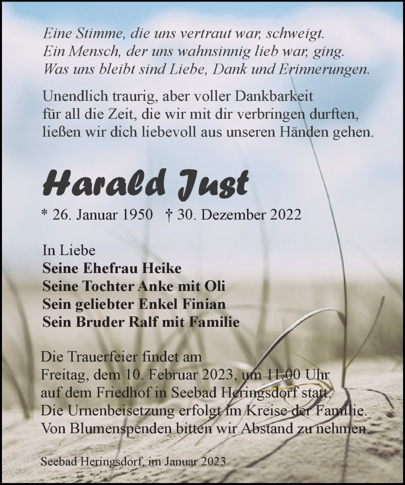  Traueranzeige für Harald Just vom 07.01.2023 aus Ostsee-Zeitung GmbH