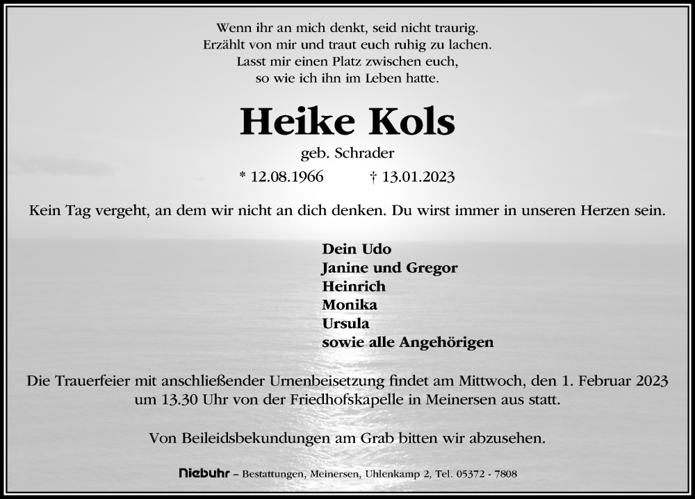  Traueranzeige für Heike Kols vom 28.01.2023 aus Aller Zeitung