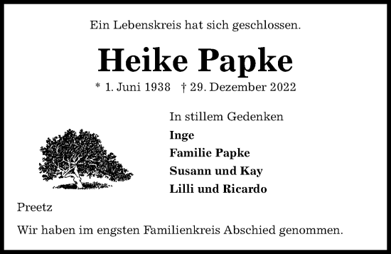 Traueranzeige von Heike Papke von Kieler Nachrichten