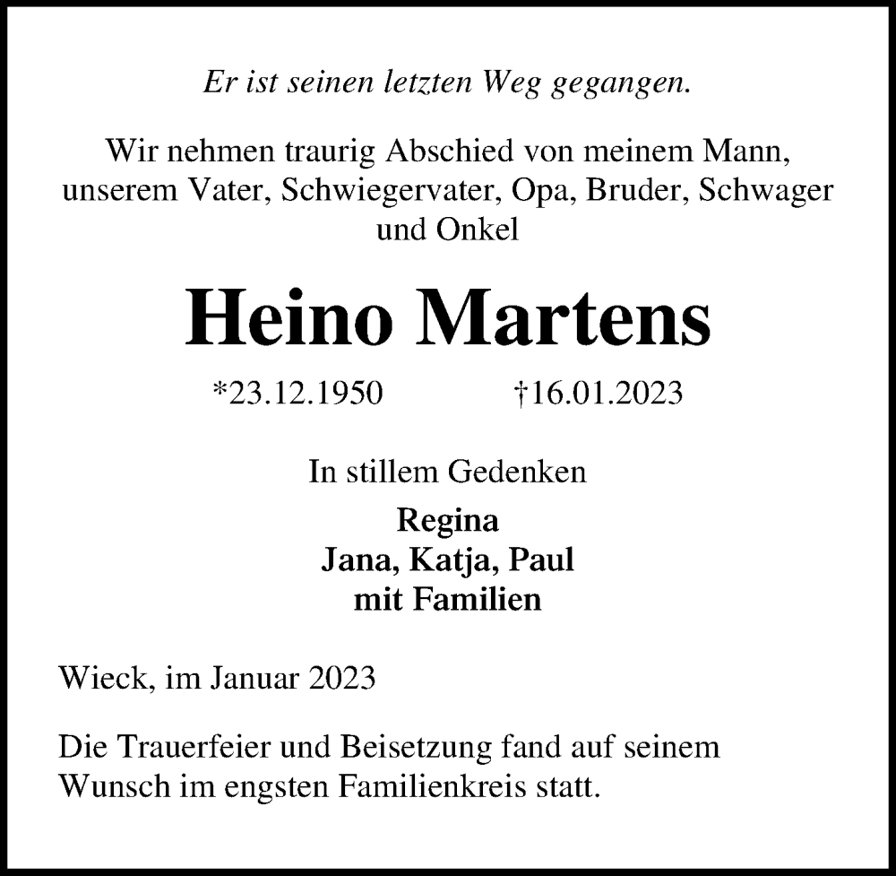  Traueranzeige für Heino Martens vom 25.01.2023 aus Ostsee-Zeitung GmbH