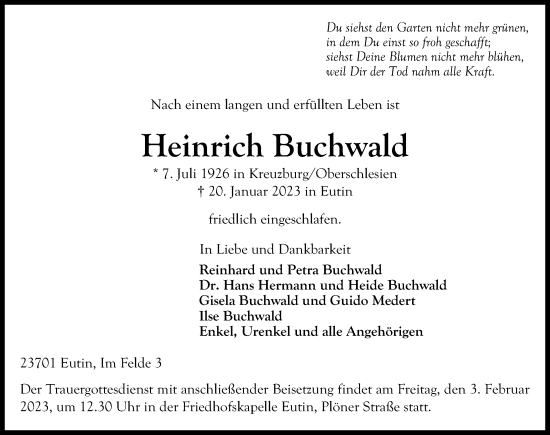 Traueranzeige von Heinrich Buchwald von Lübecker Nachrichten