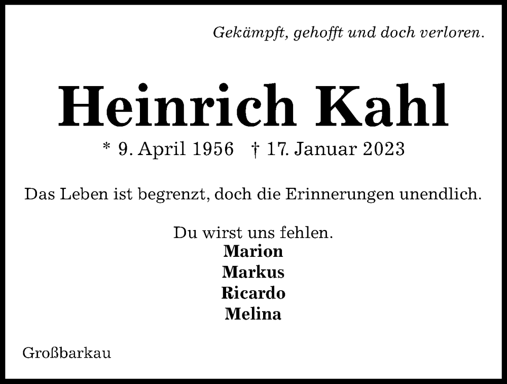  Traueranzeige für Heinrich Kahl vom 21.01.2023 aus Kieler Nachrichten
