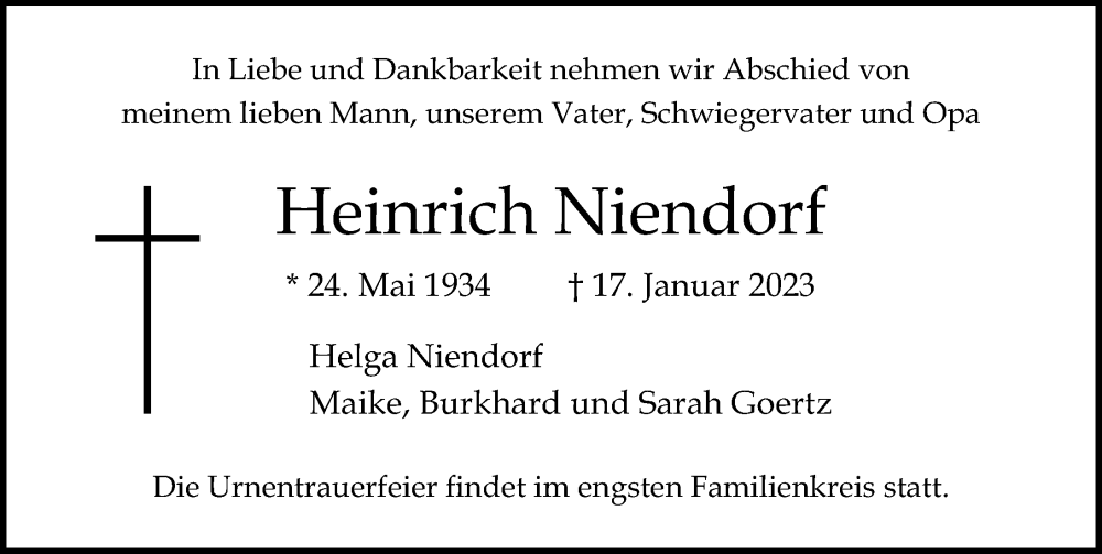  Traueranzeige für Heinrich Niendorf vom 22.01.2023 aus Lübecker Nachrichten