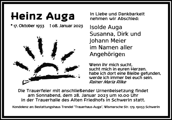 Traueranzeige von Heinz Auga von Ostsee-Zeitung GmbH
