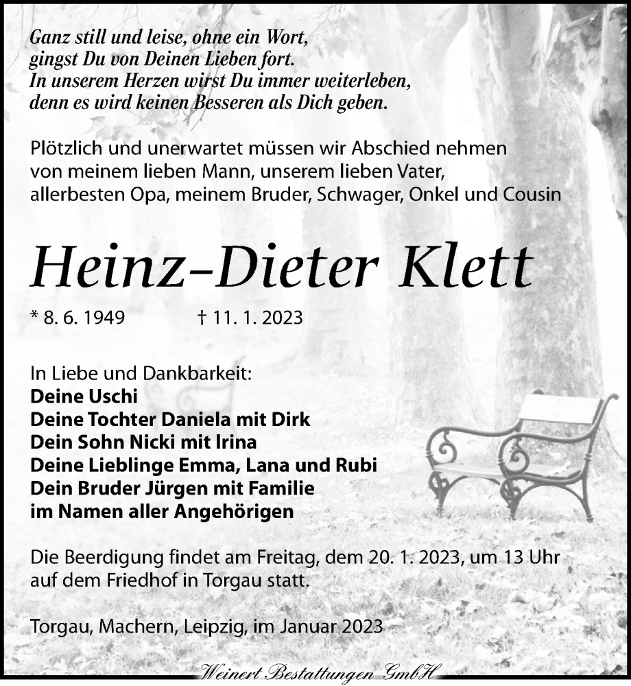  Traueranzeige für Heinz-Dieter Klett vom 17.01.2023 aus Torgauer Zeitung