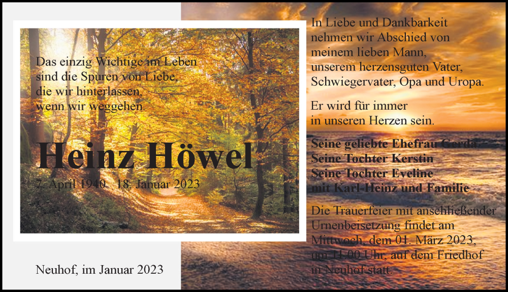  Traueranzeige für Heinz Höwel vom 21.01.2023 aus Ostsee-Zeitung GmbH