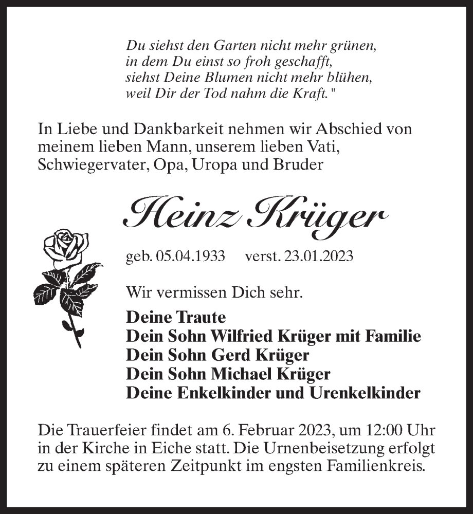  Traueranzeige für Heinz Krüger vom 28.01.2023 aus Märkischen Allgemeine Zeitung