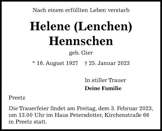 Traueranzeige von Helene Hennschen von Kieler Nachrichten