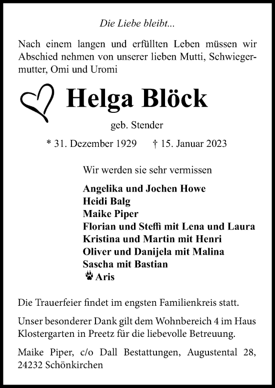 Traueranzeige von Helga Blöck von Kieler Nachrichten