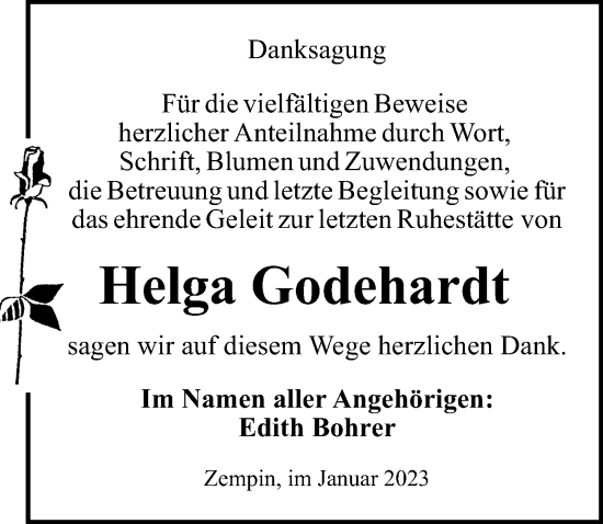 Traueranzeige von Helga Godehardt von Ostsee-Zeitung GmbH
