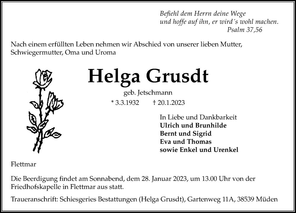 Traueranzeige für Helga Grusdt vom 24.01.2023 aus Aller Zeitung