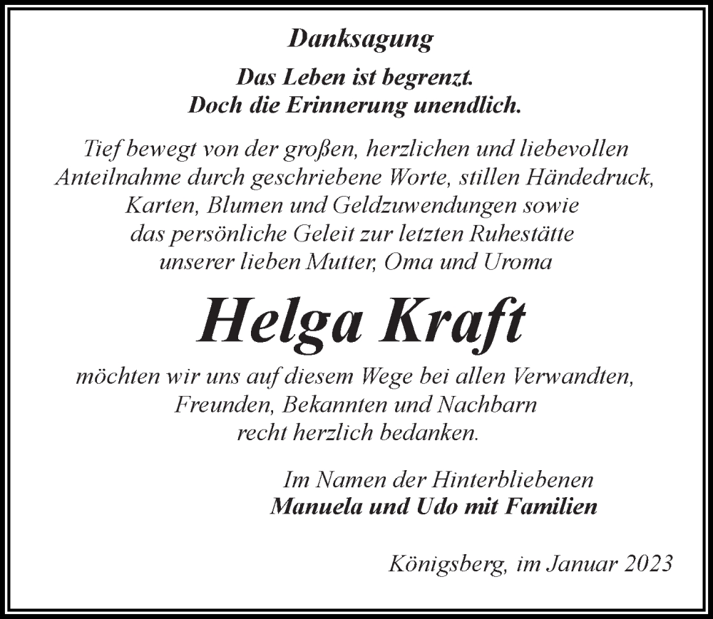  Traueranzeige für Helga Kraft vom 21.01.2023 aus Märkischen Allgemeine Zeitung