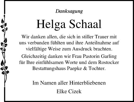 Traueranzeige von Helga Schaal von Ostsee-Zeitung GmbH