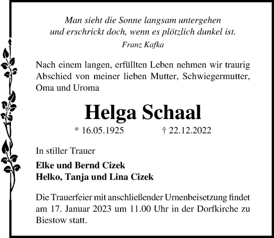 Traueranzeige von Helga Schaal von Ostsee-Zeitung GmbH