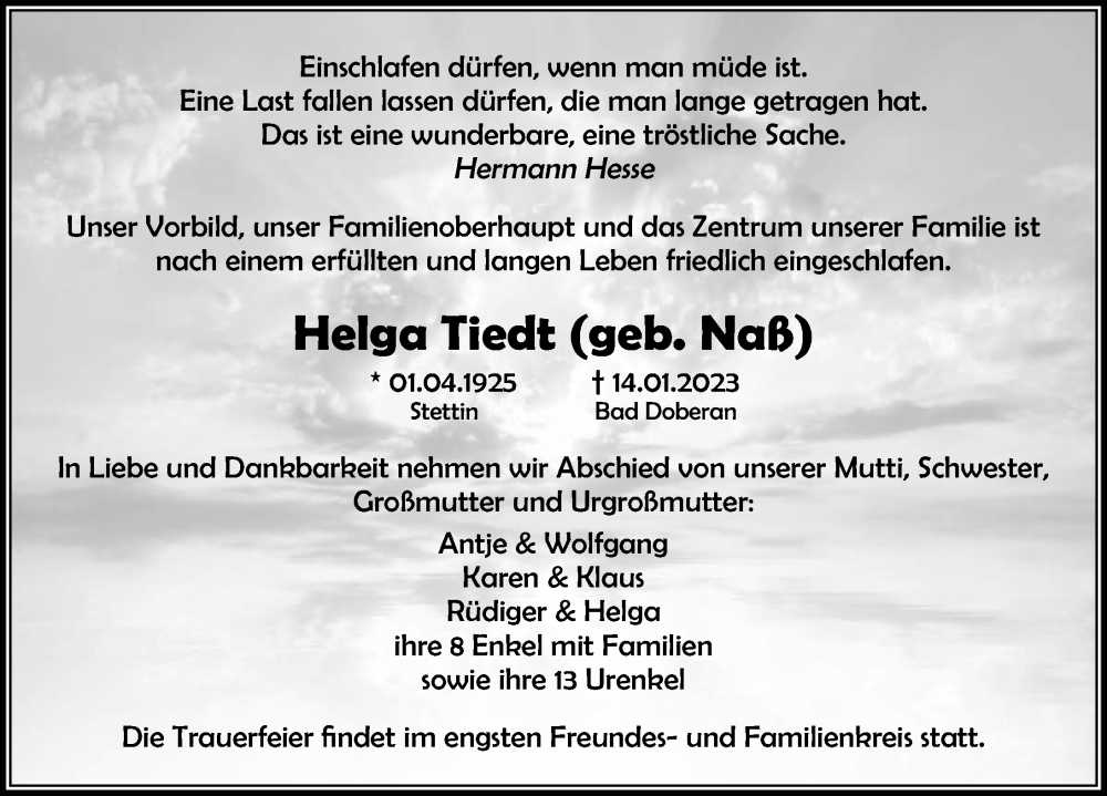  Traueranzeige für Helga Tiedt vom 25.01.2023 aus Ostsee-Zeitung GmbH
