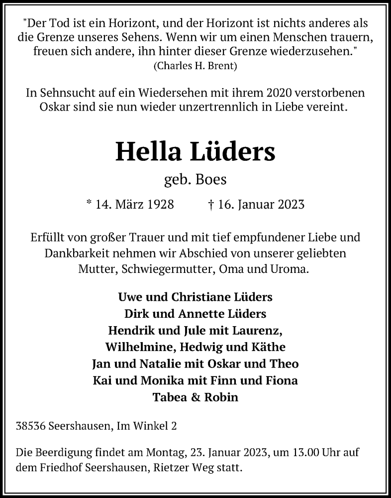  Traueranzeige für Hella Lüders vom 19.01.2023 aus Hannoversche Allgemeine Zeitung/Neue Presse