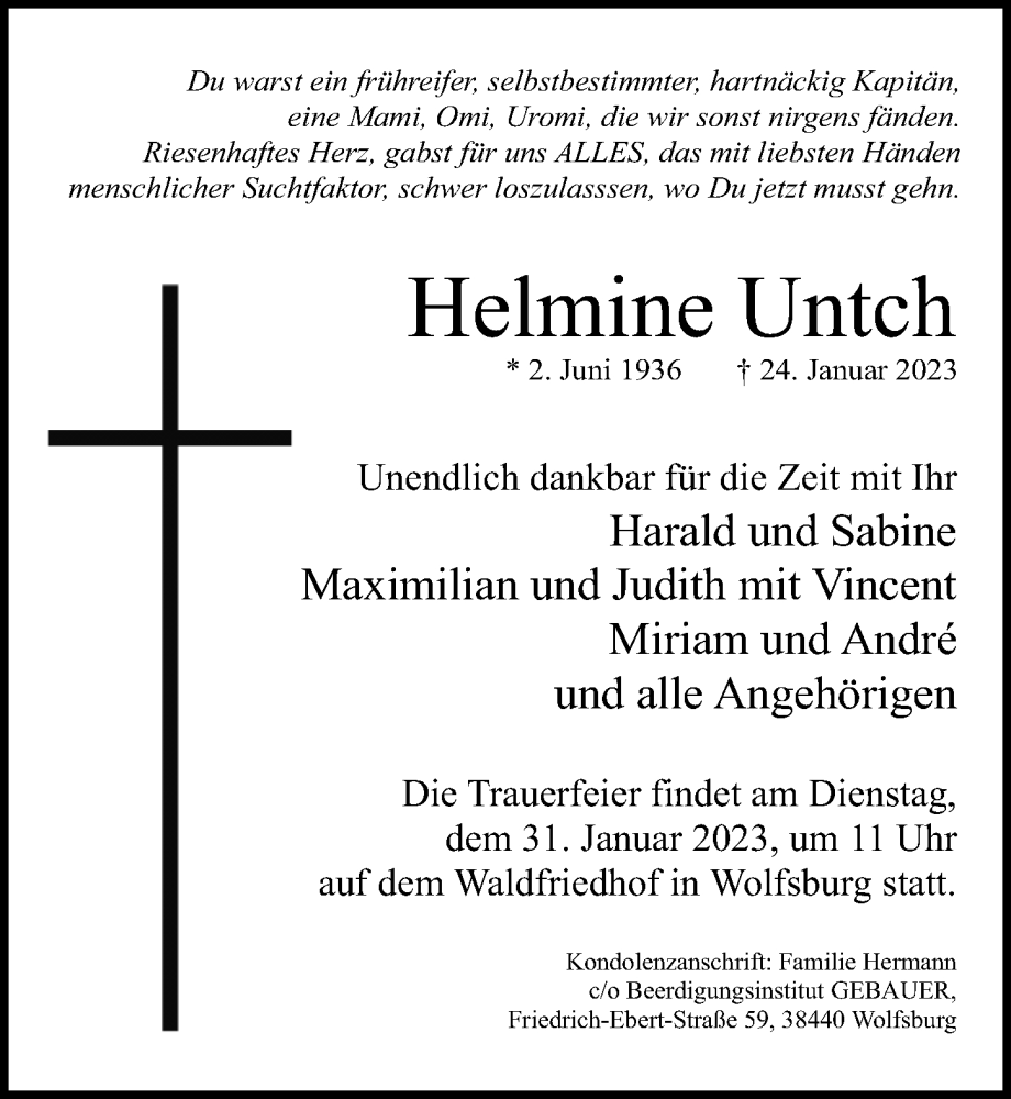  Traueranzeige für Helmine Untch vom 28.01.2023 aus Aller Zeitung