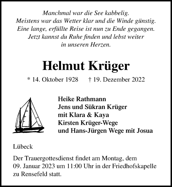 Traueranzeige von Helmut Krüger von Lübecker Nachrichten