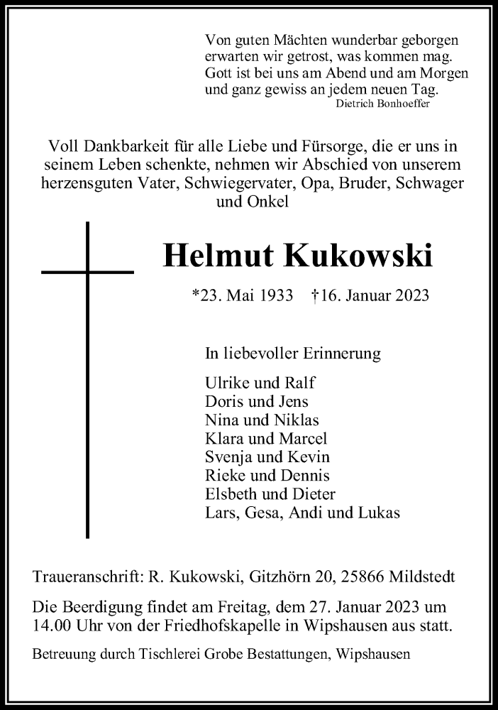 Traueranzeige für Helmut Kukowski vom 21.01.2023 aus Peiner Allgemeine Zeitung