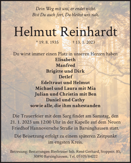 Traueranzeige von Helmut Reinhardt von Hannoversche Allgemeine Zeitung/Neue Presse
