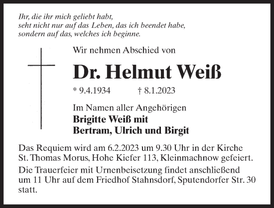 Traueranzeige von Helmut Weiß von Märkischen Allgemeine Zeitung