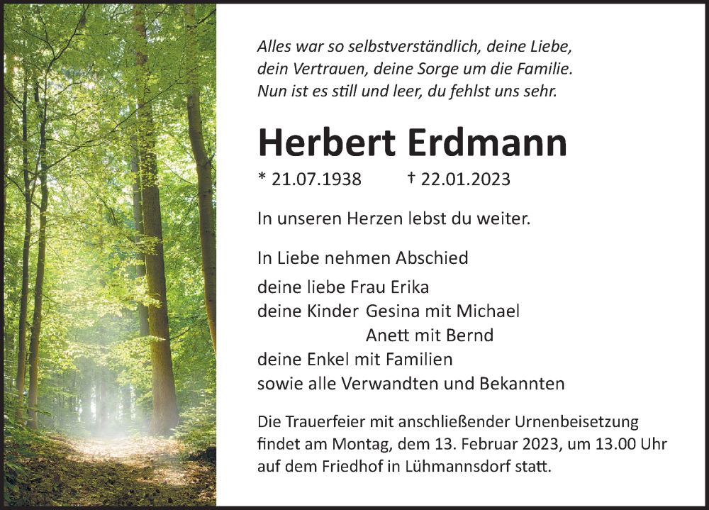  Traueranzeige für Herbert Erdmann vom 28.01.2023 aus Ostsee-Zeitung GmbH