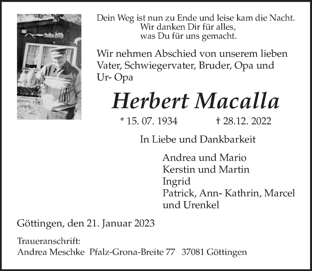  Traueranzeige für Herbert Macalla vom 14.01.2023 aus Göttinger Tageblatt