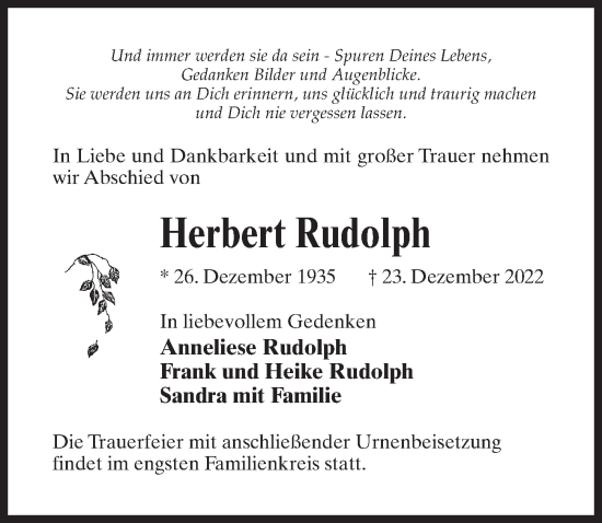 Traueranzeige von Herbert Rudolph von Märkischen Allgemeine Zeitung