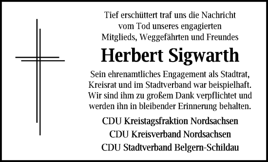 Traueranzeige von Herbert Sigwarth von Torgauer Zeitung