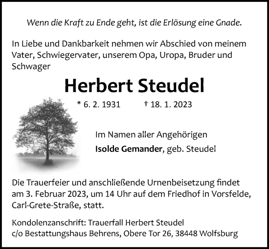 Traueranzeige von Herbert Steudel von Aller Zeitung