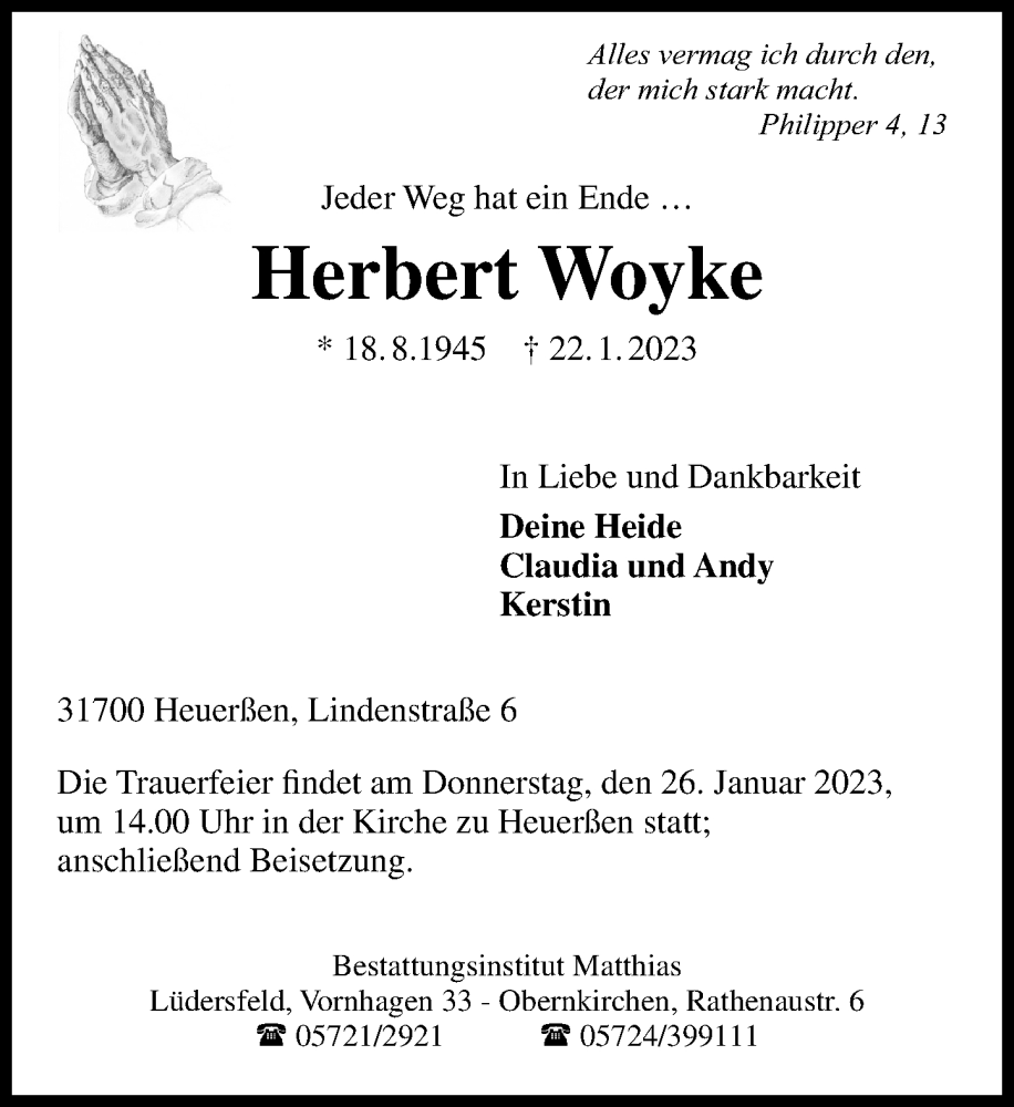  Traueranzeige für Herbert Woyke vom 24.01.2023 aus Schaumburger Nachrichten