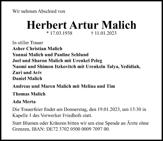 Traueranzeige von Herbert Artur Malich von Lübecker Nachrichten