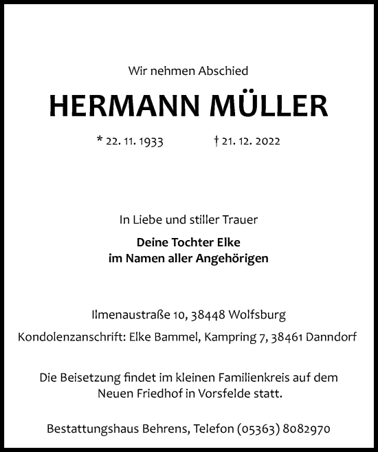 Traueranzeige von Hermann Müller von Aller Zeitung