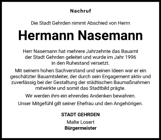 Traueranzeige von Hermann Nasemann von Hannoversche Allgemeine Zeitung/Neue Presse