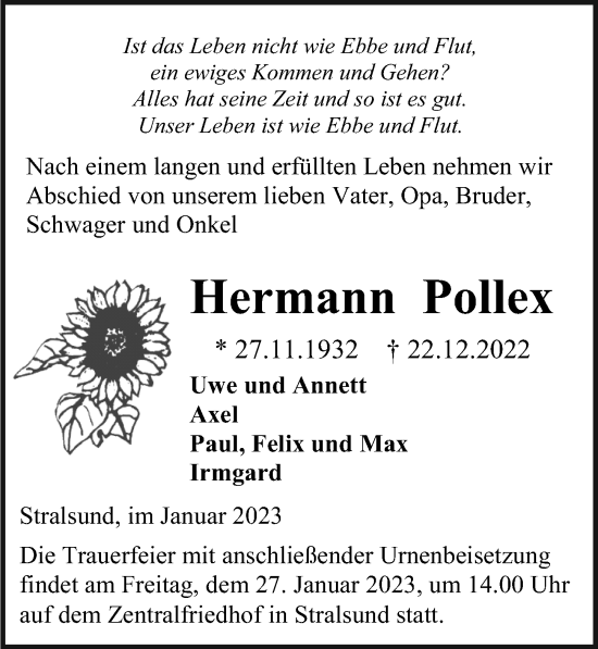 Traueranzeige von Hermann Pollex von Ostsee-Zeitung GmbH