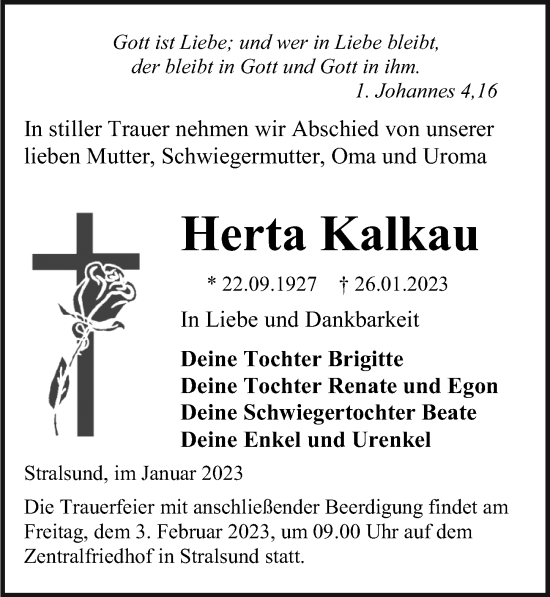Traueranzeige von Herta Kalkau von Ostsee-Zeitung GmbH