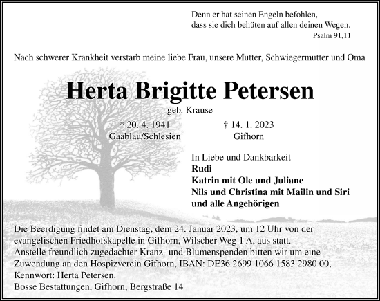 Traueranzeige von Herta Brigitte Petersen von Aller Zeitung