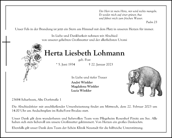 Traueranzeige von Herta Liesbeth Lohmann von Lübecker Nachrichten