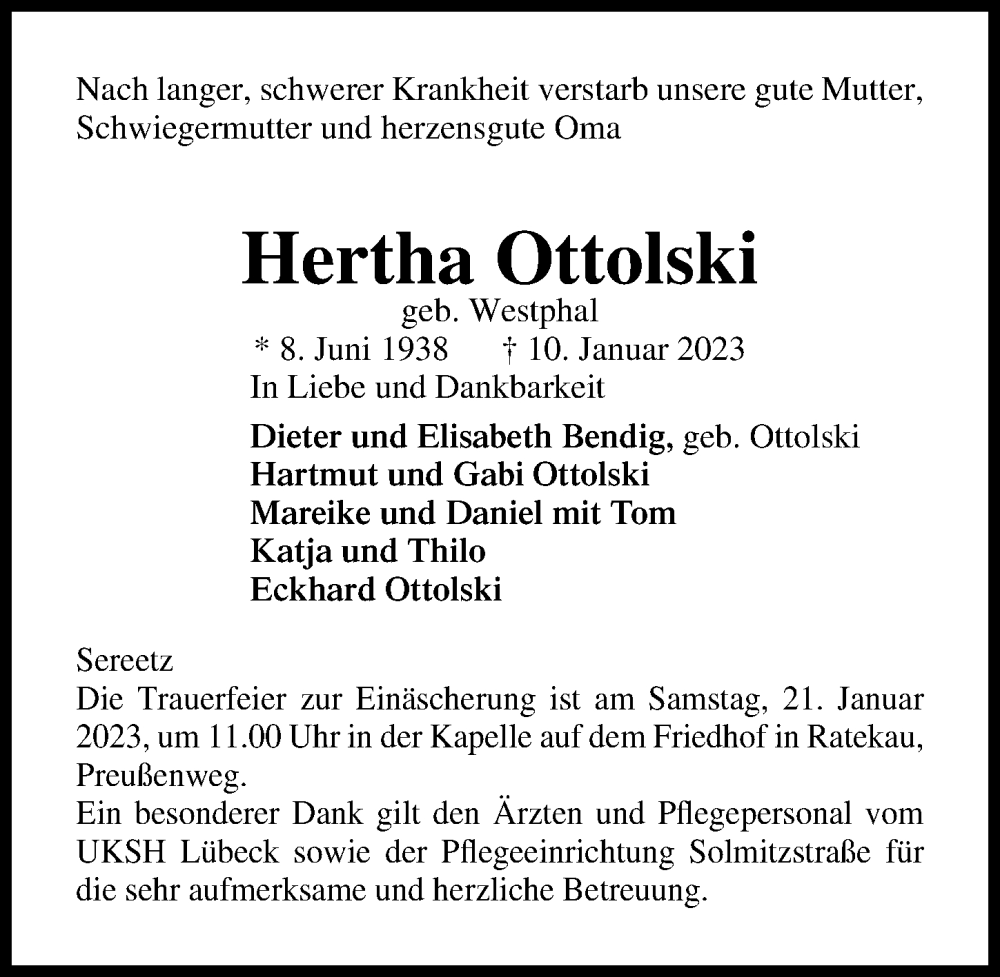  Traueranzeige für Hertha Ottolski vom 15.01.2023 aus Lübecker Nachrichten
