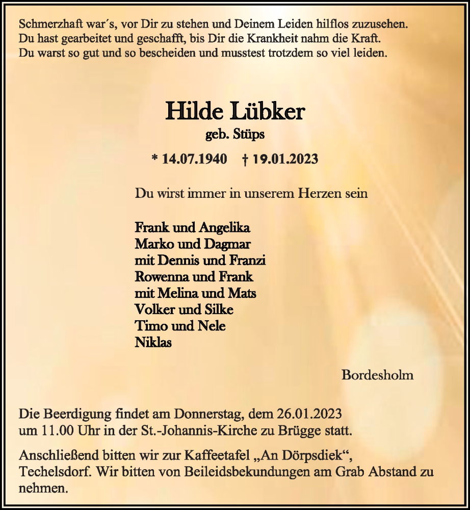  Traueranzeige für Hilde Lübker vom 24.01.2023 aus Kieler Nachrichten