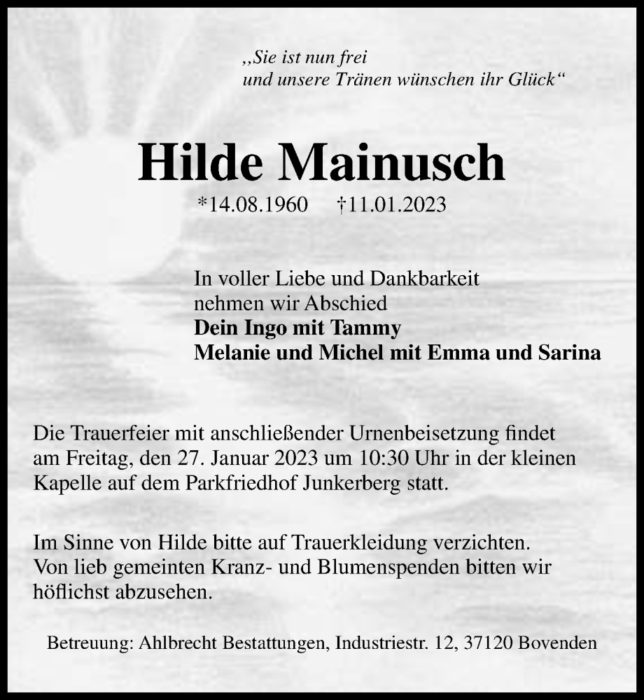  Traueranzeige für Hilde Mainusch vom 21.01.2023 aus Göttinger Tageblatt
